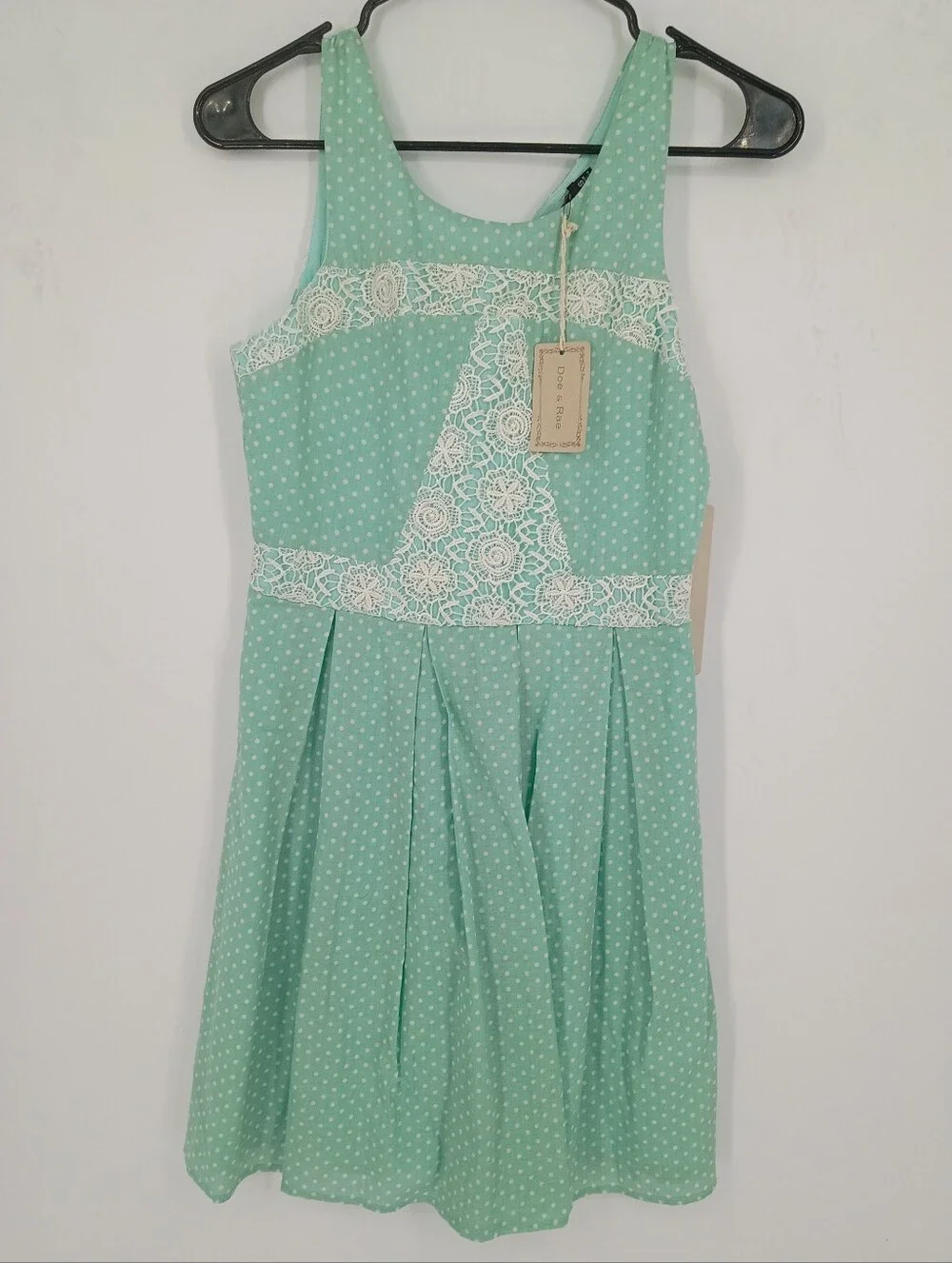 Doe & Rae Mint Polka Dot Lace Trim Coquette Cottagecore Mini Sundress